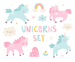 Obraz na płótnie Canvas Unicorn set. Cute scandinavian unicorns vector collection. Girly kawaii prints.