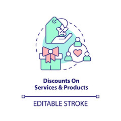 Discounts on services and products concept icon. Business associations benefits abstract idea thin line illustration. Isolated outline drawing. Editable stroke. Arial, Myriad Pro-Bold fonts used