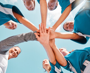Motivation hands, team support and sports game at school, partnership in winning sport competition...