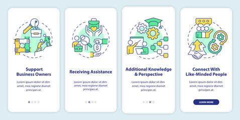 Benefits of business networking onboarding mobile app screen. Contact walkthrough 4 steps editable graphic instructions with linear concepts. UI, UX, GUI template. Myriad Pro-Bold, Regular fonts used