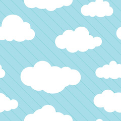 Cute background with white clouds on powder blue background with blue lines. Overcast striped pattern. Vector illustration. Cartoon weather wallpaper. Funny childish backdrop for cards.