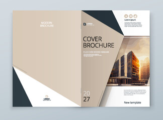 Brochure template layout design. Corporate business annual report, catalog, magazine mockup. Layout with modern beige elements and urban style photo. Creative poster, booklet, flyer or banner concept
