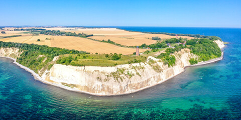 Aerial view of Kap Arkona on Rügen island at the Baltic Sea panorama with lighthouse and chalk...