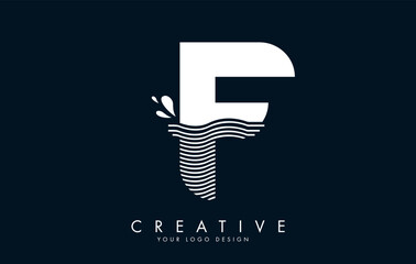 White F Letter Logo with Waves and Water Drops Design.