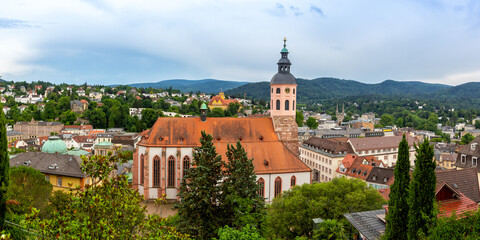 Fototapeta na wymiar Overview of Baden-Baden town city in the Black Forest with church panorama travel traveling in Germany