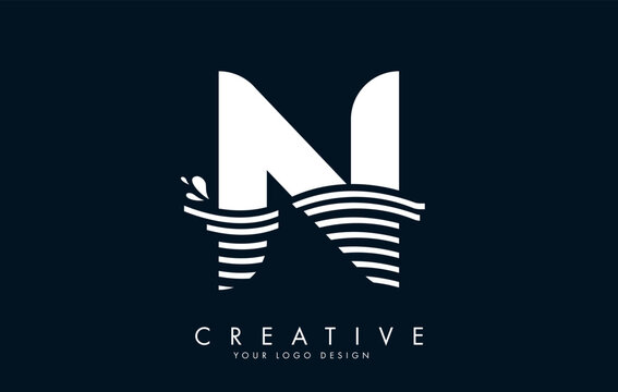 White N Letter Logo with Waves and Water Drops Design.