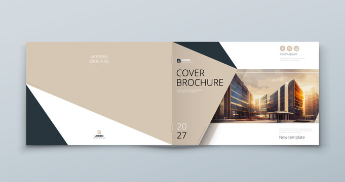 Horizontal Brochure template layout design. Corporate business annual report, catalog, magazine mockup. Layout with modern beige elements and photo. Creative poster, booklet, flyer or banner concept