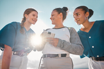Baseball girl team and coach with notebook for game strategy, check progress and goal motivation. Happy sports women or group of people at outdoor pitch coaching or training with group teamwork