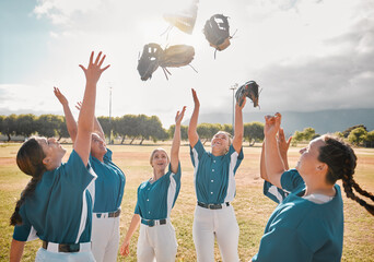 Baseball, team and women celebration, winner and excited after winning a game and throwing gloves...