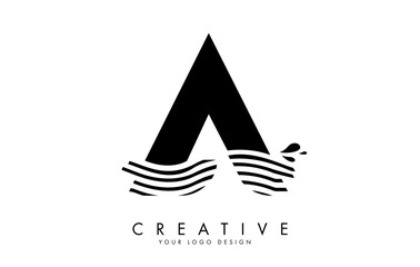 Fototapeta premium Black A Letter Logo with Waves and Water Drops Design.