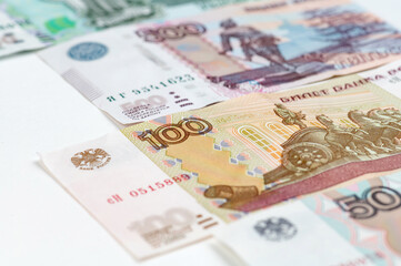 Russian rubles background. Money background and texture. Banknotes of different denominations