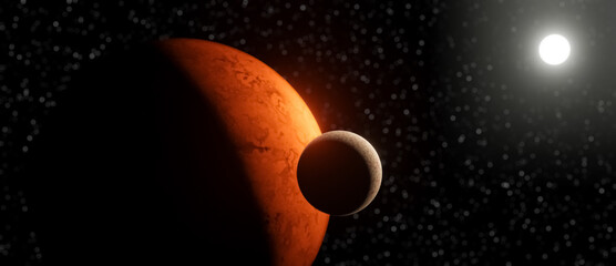 Illustration of red planet with moon and bright glowing sun star in outer space, science fiction background