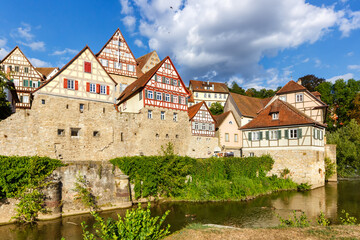 Fototapeta na wymiar Schwäbisch Hall half-timbered houses from the middle ages town at river Kocher in Germany