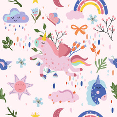 Seamless pattern with cute Unicorn, colorful flowers and leaves, cloud and rainbow. Magical pattern with Unicorn. Vector illustration. 