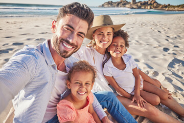 Family, selfie and kids bonding on beach in trust, safety and security summer holiday by Mexico ocean or sea. Pov portrait, smile and happy parents with children or girls for social media photograph - Powered by Adobe