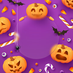 Halloween banner with candies, spiders, bats and pumpkins on violet background. Glassmorphism effect. Halloween banner template with Jack O Lantern pumpkins