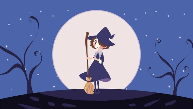 halloween animation with witch and broom