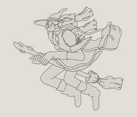 Outline vector illustration of a witch on a broomstick flying. Creative character for print, poster greeting card or colouring book. Happy halloween.