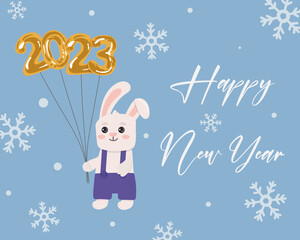 Fototapeta na wymiar Greeting card with cute rabbit with golden balloons 2023 isolated on blue background. Illustration for posters, greeting cards and seasonal design.