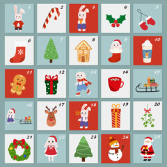 Christmas Advent calendar with cute elements. Christmas funny poster. Countdown calendar. Vector illustration
