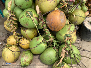 pile of coconuts in a traditional market stall