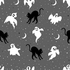 Seamless Halloween pattern. Vector illustration of Halloween party. Black cat and ghosts on a grey background.