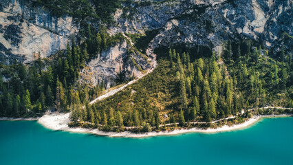 Naklejka na ściany i meble The Braies Lake in Summer in north Italy aerial shoot