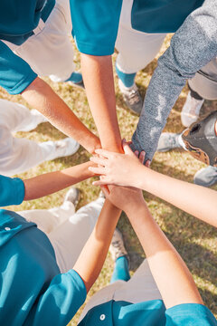 Support Hands, Team Motivation And Sports Baseball Game On Field, Collaboration In Teamwork And People With Trust At Sport Event. Athlete With Solidarity And Faith Together As Team For Competition