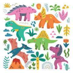 Set of dinosaurs in bright colors. Vector isolated on white background, perfect for nursery decoration, holiday decor, posters and textiles.