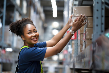 African American warehouse worker take flat box from shelf in big warehouse factory, Online shopping store for logistic service to deliver the shipment, check barcode before passing to transportation - obrazy, fototapety, plakaty
