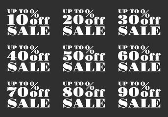 Sale icon set. 10, 20, 30, 40, 50, 60, 70, 80, 90 percent price off. Discount tag, label or sign. Promotion sticker design. Business, advertising, marketing badge. Vector illustration.