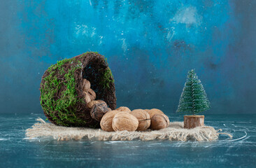 A basket with healthy walnuts and Christmas small tree on a sackcloth