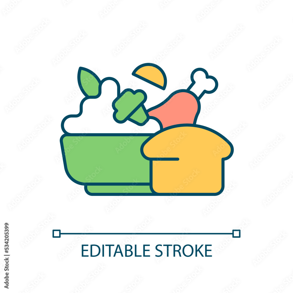 Sticker Serving delicious dinner RGB color icon. Dinner in family restaurant. Food preparation. Meat and salad. Isolated vector illustration. Simple filled line drawing. Editable stroke. Arial font used