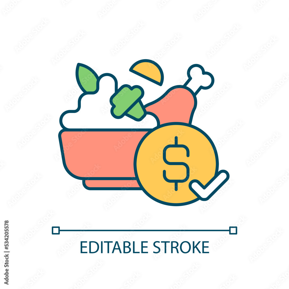 Poster Affordable restaurant dish RGB color icon. Dine out on budget. Pricing strategy. Eating out cheap and tasty. Isolated vector illustration. Simple filled line drawing. Editable stroke. Arial font used