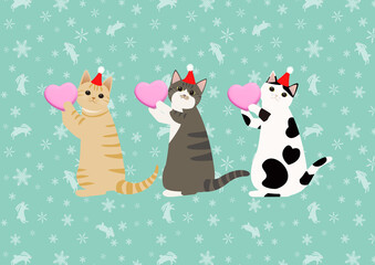 ハートを持った猫たちのクリスマス　茶トラ猫とサバシロ猫とハチワレ猫のトリオ