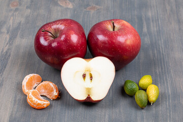Assortment of fresh fruits on wooden surface