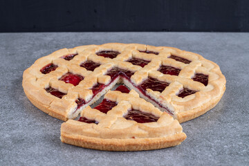 Delicious berry pie on marble background