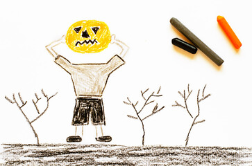 A headless pumpkin monster. Children's drawing. The concept of celebrating Halloween
