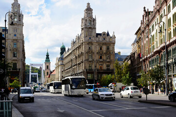 streetscape in downtown Budapest. main city street. classical old European architecture. summer...