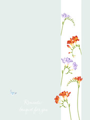 Greeting card with freesia flowers, can be used as invitation card for wedding, birthday and other holiday and summer background
