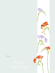Obraz premium Greeting card with freesia flowers, can be used as invitation card for wedding, birthday and other holiday and summer background