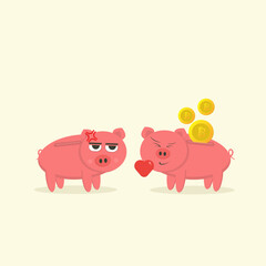 Piggy Bank coin money, bitcoin saving, pig with expression.