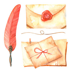 Watercolor isolated set of old envelope with wax stamp, letters, sheet of paper and feather pen. Old elements for lettering and post.