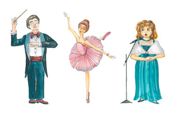 Watercolor isolated cartoon characters. Hand-drawn theater crew - opera singer, ballerina in pink dress and conductor.