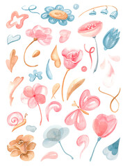 Watercolor big set of tender light flowers and leaves isolated on white. Pink, blue and beige roses, abstract plants, leaves, butterfly and snail for scrapbooking.