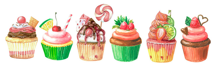 Watercolor bright set of realistic hand-drawn cupcakes with fruits, candies and berries. Chocolate and vanilla muffins with sweet cream isolated on white.