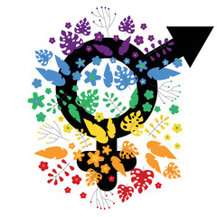 LGBTQ + symbol bigender, rainbow floral design with flowers and leaves, white background