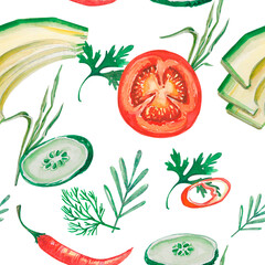 Watercolor seamless food pattern with colorful vegetables - tomato, cucumber, pepper, avocado and greenery on white. Vegetarian products for fresh salad.