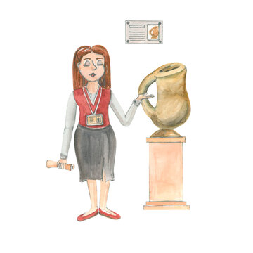 Watercolor cartoon gide of archeological museum. Pretty girl telling about ancient vase.