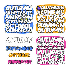 Calendar 2023. Autumn months. Set of hand drawn doodle. funny character